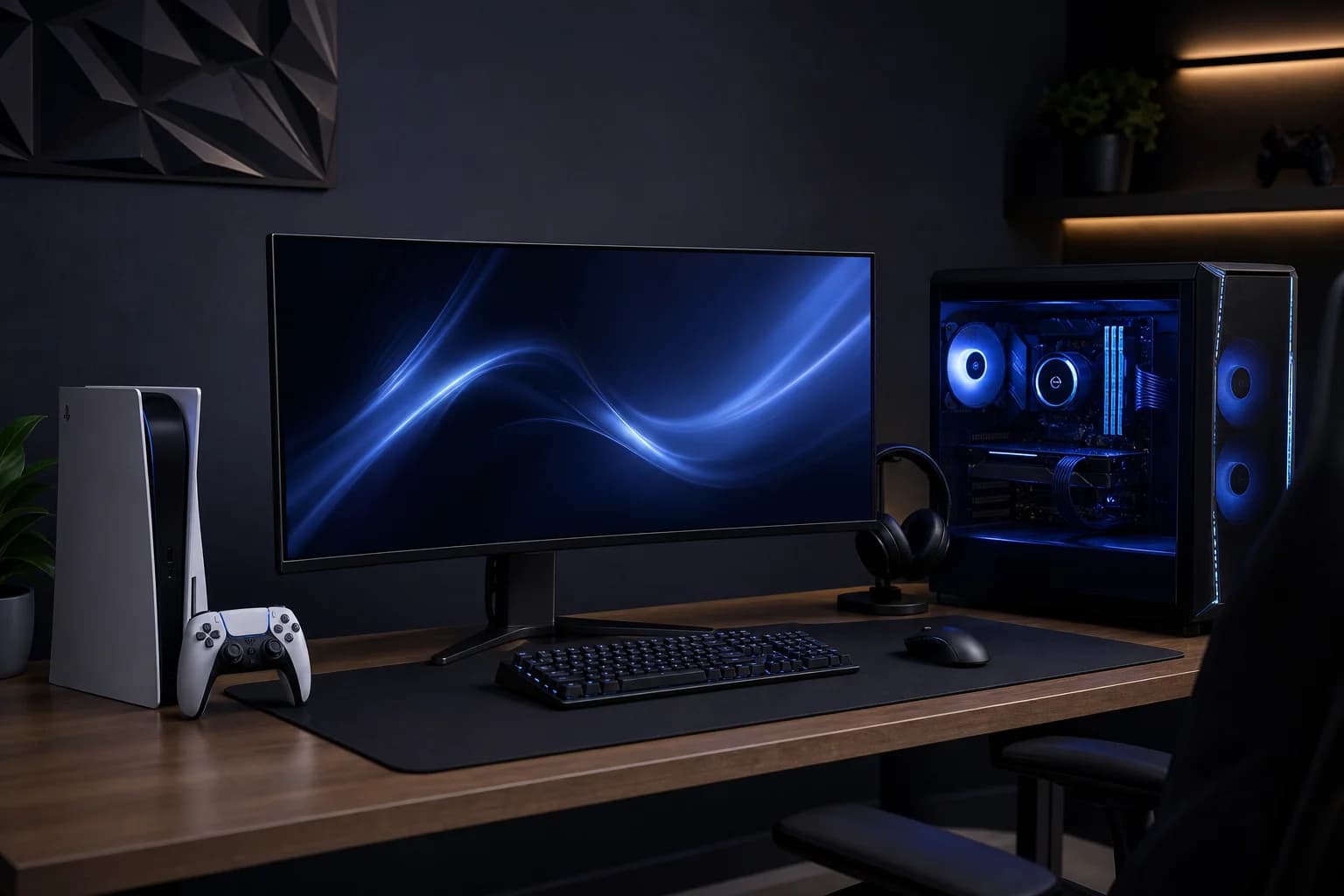 Premium gaming setup with console, controller and monitor